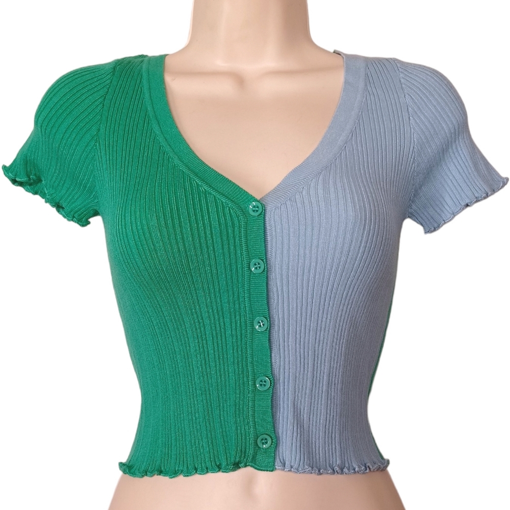 FULL TILT Light Blue Green Button Front Short Sleeve Ribbed Stretchy Top XXS